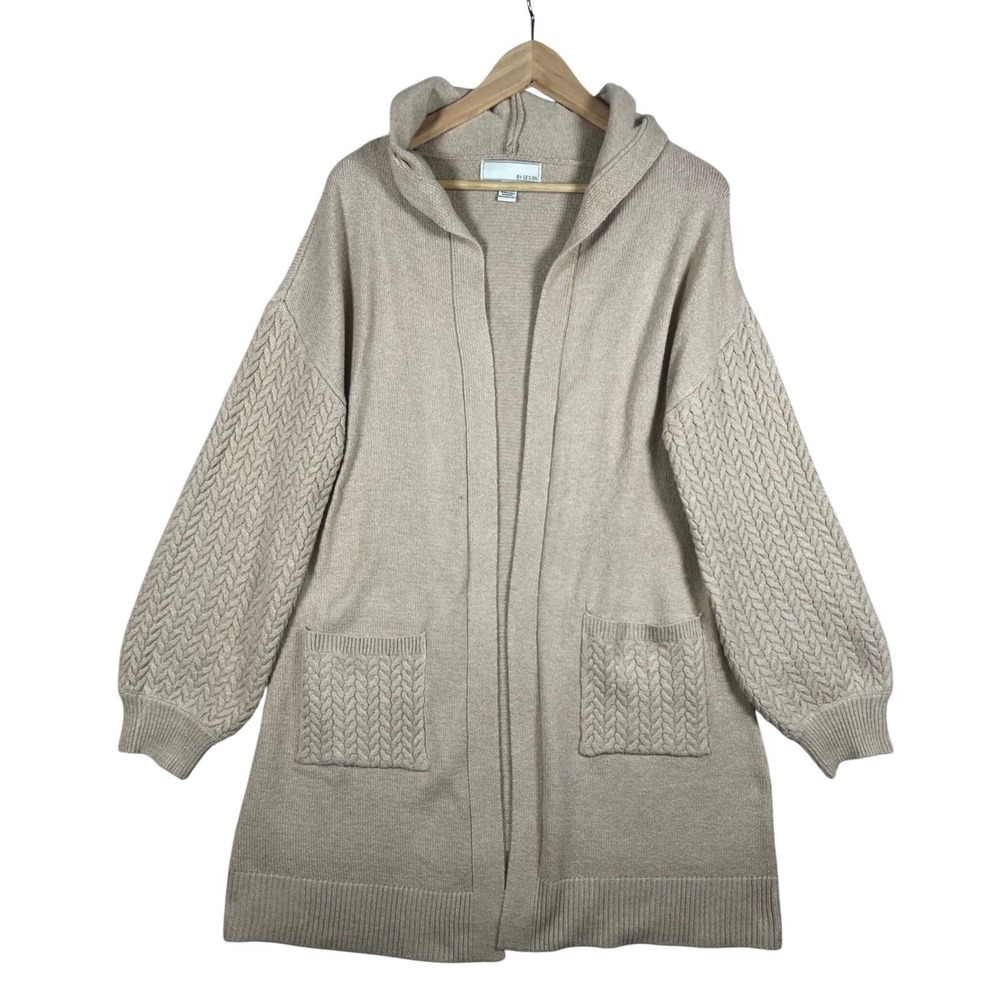 By Design Beige Cable Knit Balloon Sleeve Hooded Open Front Cardigan M Grandma